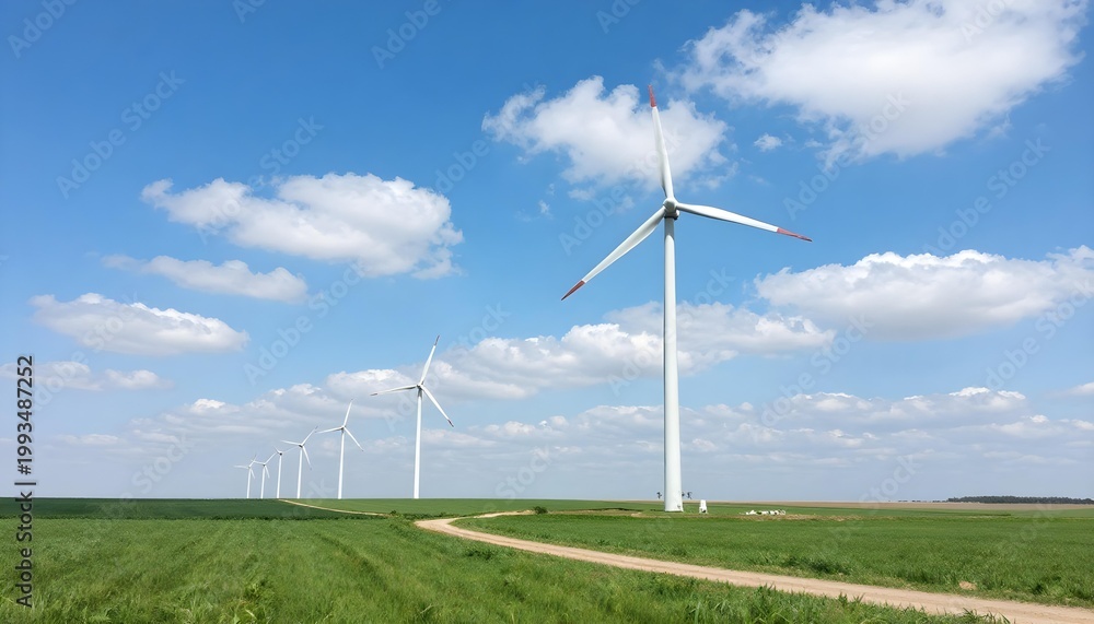 Fototapeta premium Expansive field of wind turbines under a bright blue sky with fluffy clouds