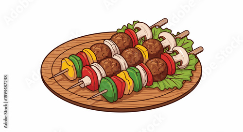 Three skewers of meatballs and colorful vegetables sit on a wooden platter with lettuce and mushrooms