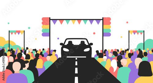 Pride parade crowd cheering colorful festive car