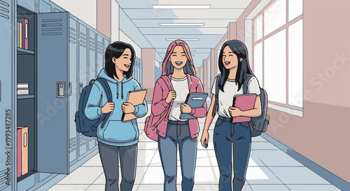 Three smiling young women walk down a school hallway with lockers on the side