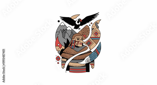 Stylized indigenous figure with condor and Andean mountains in a cultural mosaic
