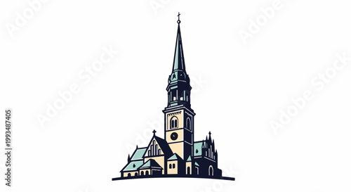 Tall spire on a historical building with arched windows and a clock