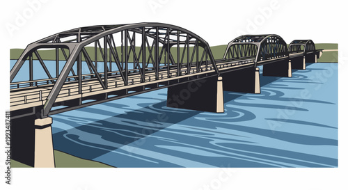Truss bridge spans blue water with treed banks and cloudy skies