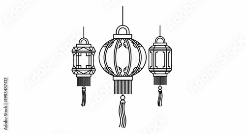 Three stylized hanging lanterns with tassels, intricate details, and a festive feel