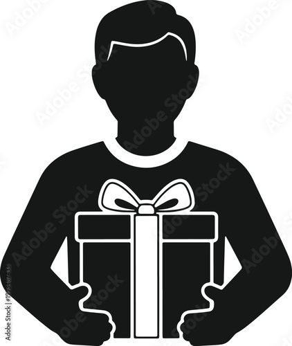 Man holding a gift box in front of chest.