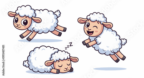 Three cartoon sheep depicted in different whimsical poses on a white background