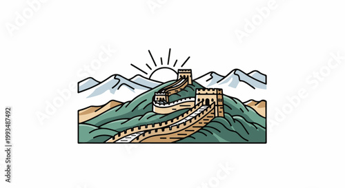 Stylized illustration of the Great Wall snaking over green hills with mountains and sun