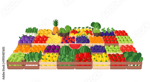 Colorful assortment of fresh fruits and vegetables on crates