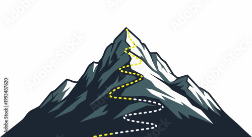 Stylized mountain peak with winding yellow and white dotted trails leading upwards