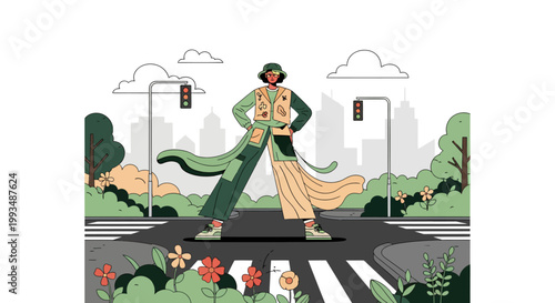 Woman crossing street with green and beige outfit in city