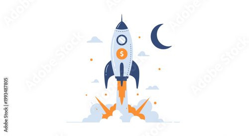 Stylized Rocket Launch with Night Sky and Moon Illustration