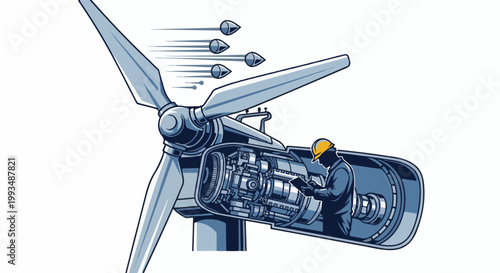 Technician inspecting complex wind turbine mechanics and rotating blades