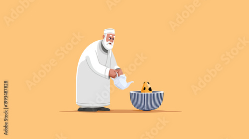 Gentle elderly man in traditional clothing pouring water for a small yellow creature in a bowl, illustrating care and compassion