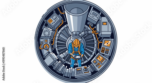 Technician inspects complex machinery within a circular, industrial-themed capsule