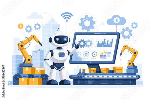 AI Agent for Industrial Automation and Manufacturing, Smart Factory Robot Monitoring Production Line with Robotic Arms, Conveyor Belt, and Data Analytics, Simple Flat Vector Illustration Art.