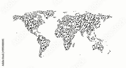 The world map is composed entirely of musical notes creating a global symphony