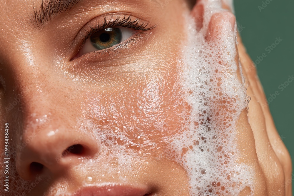 Fototapeta premium Refreshing skincare routine: close-up shot of facial wash foam on clean skin with green background