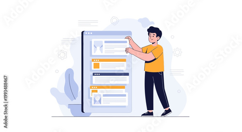 Man organizing online profiles on a digital screen, digital marketing concept