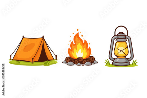 Camping Equipment Vector Illustration Set with Orange Tent, Burning Campfire with Logs and Stones, and Vintage Lantern for Outdoor Recreation, Travel, Hiking, and Adventure Activities.