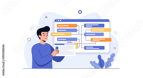 Man organizing business flowchart on digital screen, project management concept