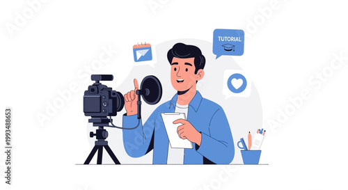 Vlogger recording tutorial video with camera and microphone, social media engagement