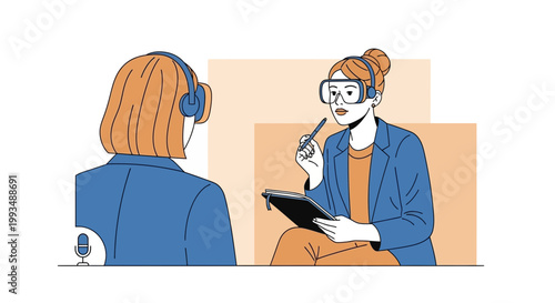 VR Interview: Woman with headphones interviews person in VR headset, taking notes