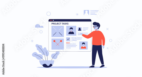 Man managing project tasks on a digital board, project management concept