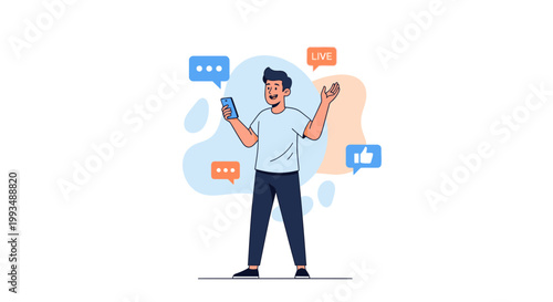 Man Live Streaming on Phone with Social Media Icons and Chat Bubbles