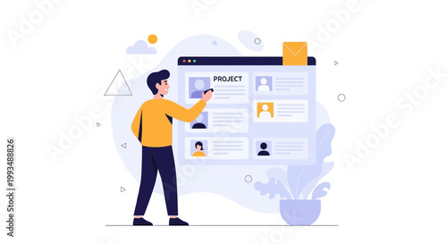 Man managing project tasks on a digital board, project management concept