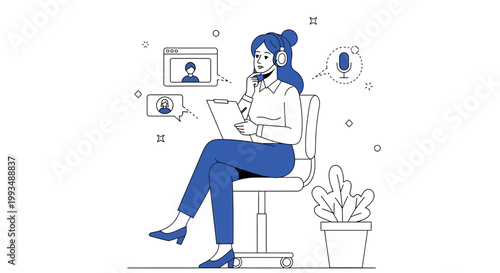 Woman in headphones on video call, working remotely, online communication, business meeting