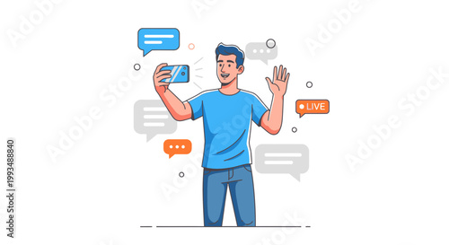 Man Live Streaming on Phone with Chat Bubbles and Live Icon