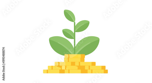 Illustration of a young plant growing from a pile of gold coins