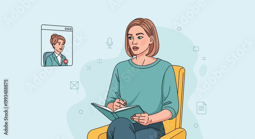 Woman in video call with therapist, online mental health support, therapy session