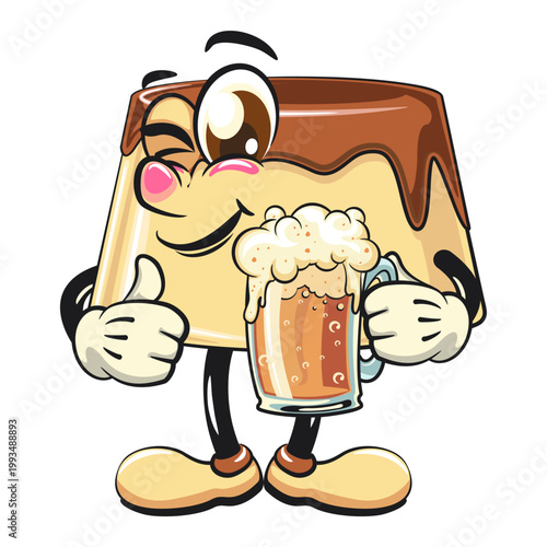 cute caramel pudding mascot character lift a big glass of beer, dessert cartoon vector illustration isolated, work of hand drawn