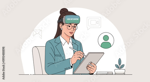 Woman in VR headset for virtual job interview, using tablet and stylus
