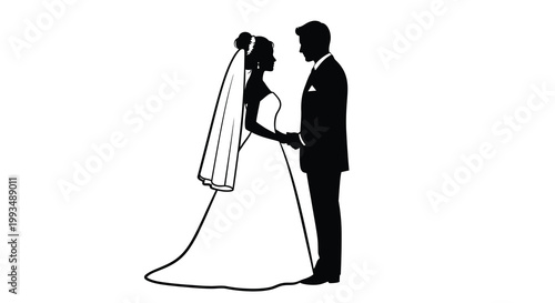 A newlywed couple exchanges vows holding hands in a romantic pose silhouette