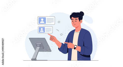 Man interacting with digital interface, selecting profile on screen, modern technology concept