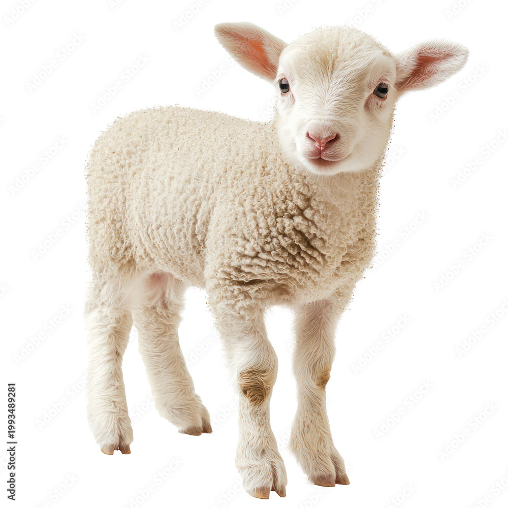Fototapeta premium A cute lamb standing on a white background.