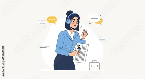 Woman with headphones holding resume, confused expression, business concept