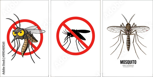 
Cartoon Evil Mosquito with No Sign Silhouette Prohibition and Detailed Realistic Mosquito Vector Illustration Set for Pest Control Design