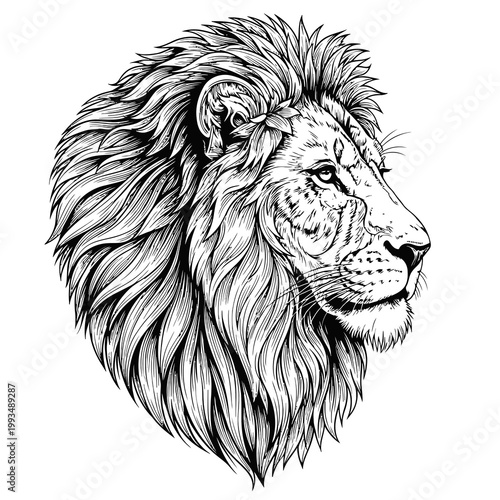 Detailed black and white illustration of a lions head with a majestic mane