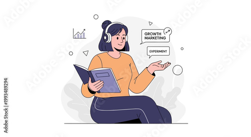 Woman with headphones learning growth marketing and experiments online