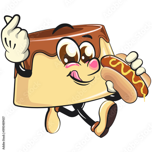 cute caramel pudding mascot character carrying a hotdog while giving love sign, dessert cartoon vector illustration isolated, work of hand drawn