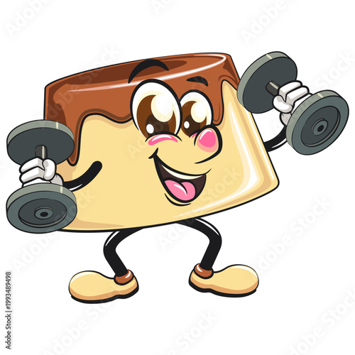 cute caramel pudding mascot character doing barbell lifting workout, dessert cartoon vector illustration isolated, work of hand drawn