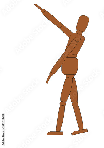 Wooden figure leaning backwards slightly and pointing upwards