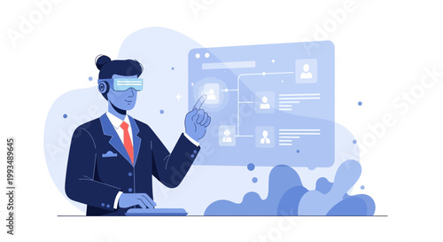 Man in VR headset interacting with futuristic digital interface, business analytics concept