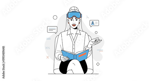 Woman with VR headset reading book, virtual reality education and learning concept