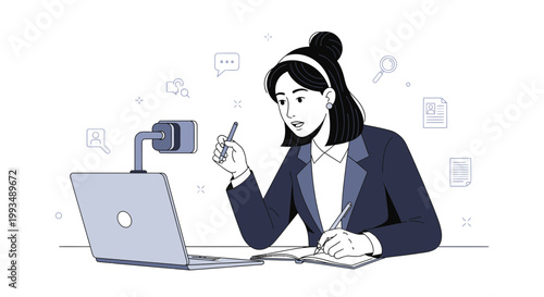 Woman working remotely, online meeting, video call, laptop, notebook, pen, webcam