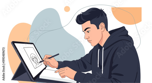 Young artist drawing on tablet, digital art, creative process, illustration