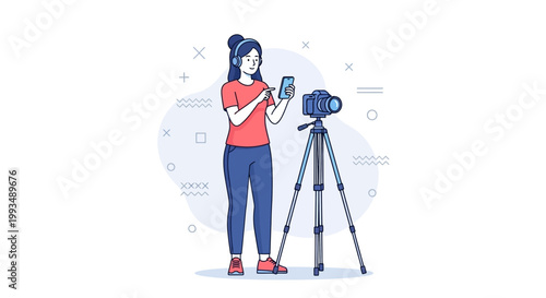 Woman filming herself with a camera on a tripod, using a smartphone